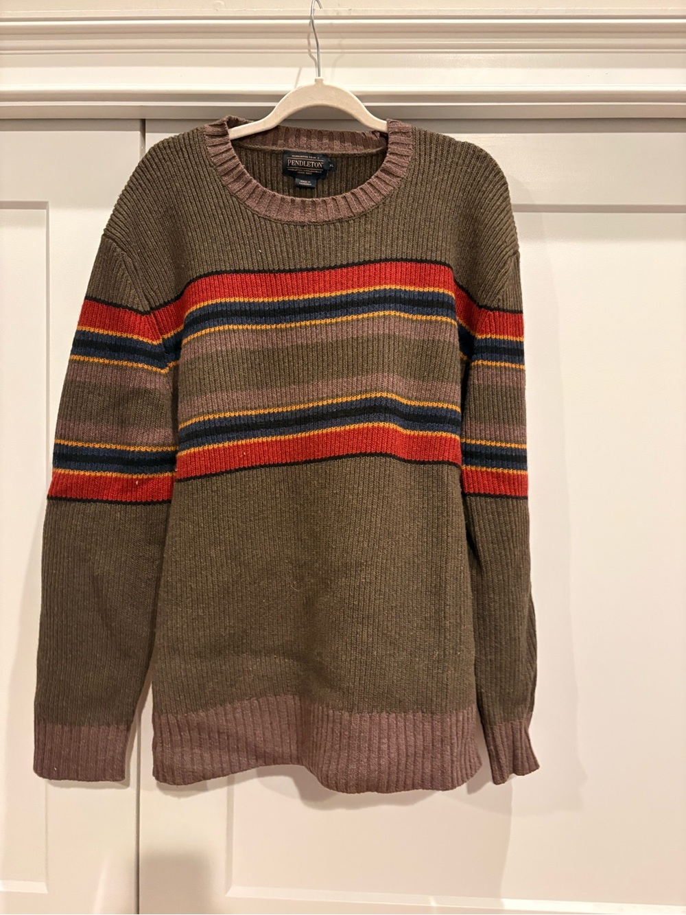 Pendleton Olive Crewneck Sweater with Red & Navy Stripes
